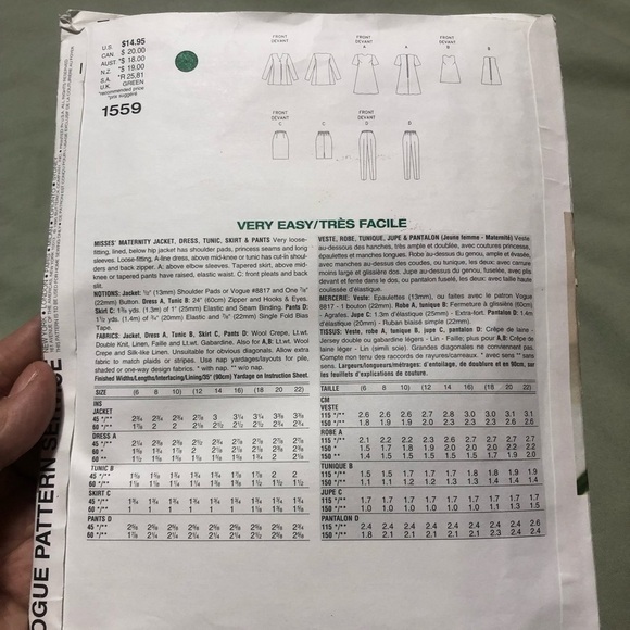 Vogue 1559- Vogue maternity career wardrobe- 18-20-22- pants, dress, skirt, coat - Picture 8 of 9